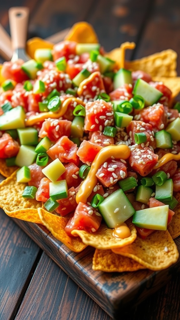 A vibrant plate of sushi nachos with tuna, avocado, and spicy mayo on tortilla chips.